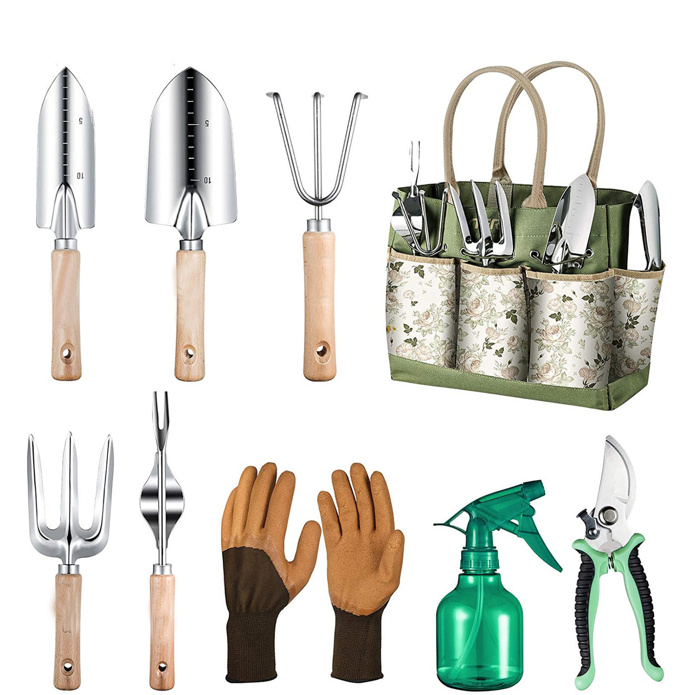 Gardening Tools Bag - 9-delige tuingereedschapset met robuust roestvrijstalen handgereedschap,